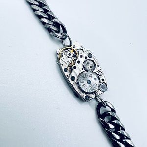 Steampunk Bracelet - Men's Silver Heavy Link Art Deco Bracelet